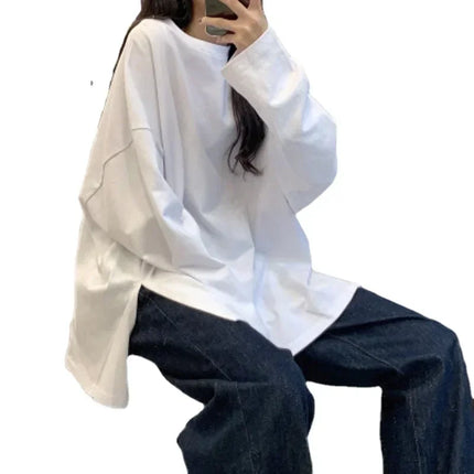 Harajuku Long T-Shirt Spring Autumn Solid Simple Oversized T-shirt for Women Goth T-shirts Split White Black Long Sleeve Tops