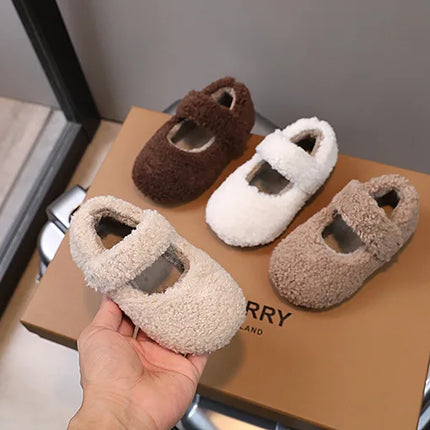Children Fur Shoes 2024 Winter Kids Warm Plush Shoes For Girl Flat Loafers Moccasins Girls Casual Shoes Khaki, Beige
