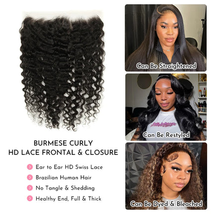 WOWANGEL Burmese Curly 13x6 HD Lace Frontal Only 13x4 Full Frontal Invisible 5x5 6x6 HD Lace Closure Only Virgin Hair Melt Skins