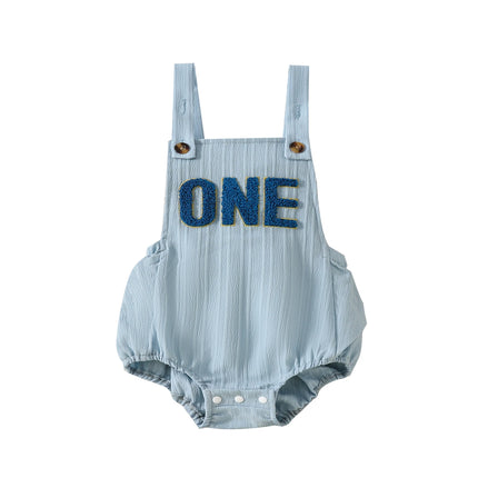 FOCUSNORM 0-18M Lovely Baby Girls Boys Birthday Romper Sleeveless Letter Embroidery Button Casual Overalls