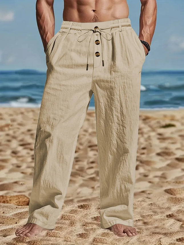 Cotton Linen Men's Lightweight Long Pants Summer Solid Breathable Loose Trousers Male Elastic Waist Casual Harajuku Trousers