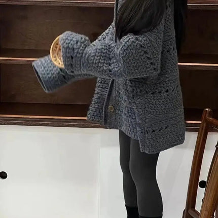 Girls' Autumn Winter Sweater 2025 New Korean Fashionable Children's Solid Color Long Sleeve Single-Breasted Knitted Hollow Out