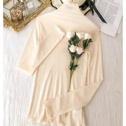 High Neck Sheer Mesh Top Women Clothing Long Sleeve Turtleneck T-shirt Korean Sexy See Through Black White Beige Shirt New