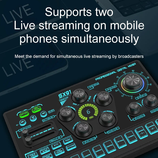 SX91 48V Audio Mixer with Voice changer,Podcast Mixer,Sound Card for Phone Gaming Karaoke Studio Live Streaming Podcast