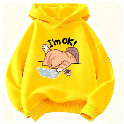 I Am Ok Computer Cat Design Hooded Kids Children's Sweatshirt Cute Hoody for Boys Girls Sping Kawaii Casual Hoodies
