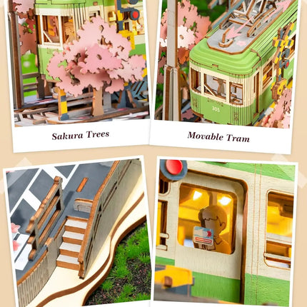 Robotime 3D Puzzles Sakura Journey DIY Model Building Toy with LED Light Wooden Craft Kits Tram Hobby for Kids Brain Teaser Gift