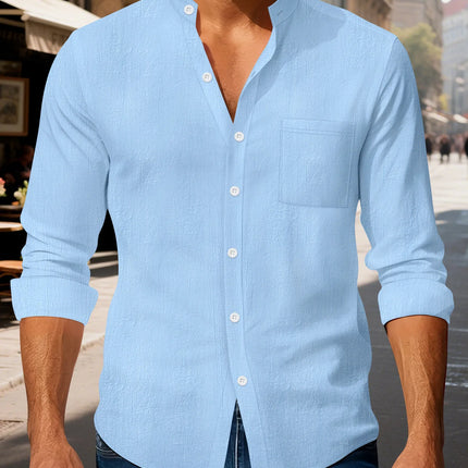 Autumn men's clothing 2025 new item men's solid color cotton and linen shirt stand up collar cardigan long sleeved casual busine