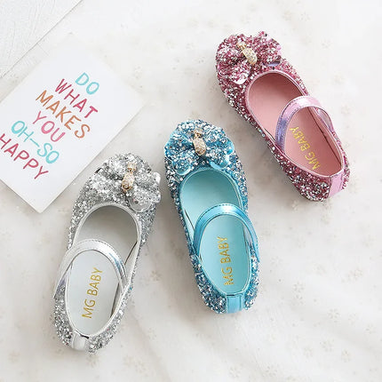 Children Leather Shoes For Girls Toddlers Big Kids Dress Shoes For Wedding Party Glitter Sequined Fabric With Bow-knot Mary Jane