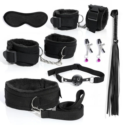 BDSM Bondage Bundle Set Leather Plush Blindfold Handcuffs Whip Nipple Clip Adult Sex Toys Women Erotic Restraint Game Kit