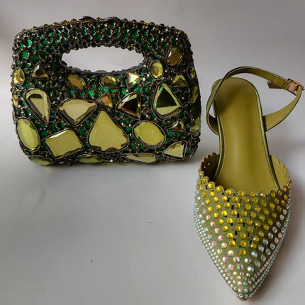 INSIGHTLINK Luxury Olive Green Rhinestones Women's Shoe and Bag Set for Party Wedding Crystals Heeled Pumps and Handbag Sandals