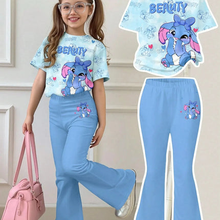 Kids Girls Stitch Cartoon Print 2Pcs Outfit Short Sleeve Floral T-Shirt + Blue Flare Pants Soft Casual Daily Wear Children Set