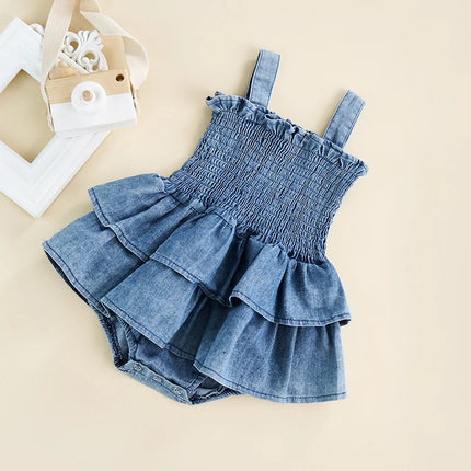 0-18M Newborn Infant Baby Girl Romper Dress Summer Sleeveless Suspender Pleated Ruffle Hem Bottom Snap Button Cute Bodysuits