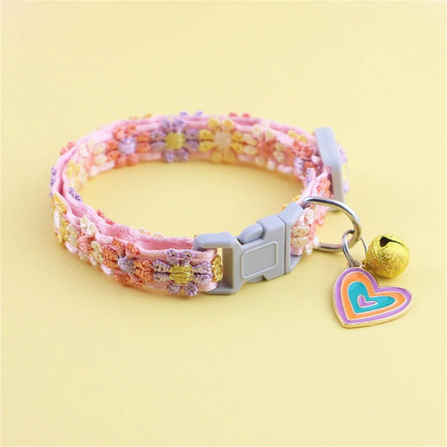 Fashion Rainbow Flower Cat Collar With Bell Kitten Puppy Necklace Adjustable Buckle Colorful Lace Kitten Collar Dog Accessories