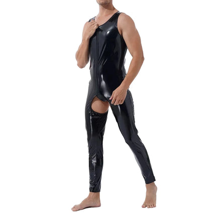Mens Sleeveless Wet-Look PVC Catsuit Shiny PU Leather Crotchless Open Crotch Bodysuit Tights Sexy Cosplay Leotard Unitard Body