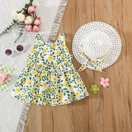 2 Pcs Girls' Summer New Dress Round Neck Cute Back Big Bow Cotton Skirt Comes with Hat for Children's Clothing