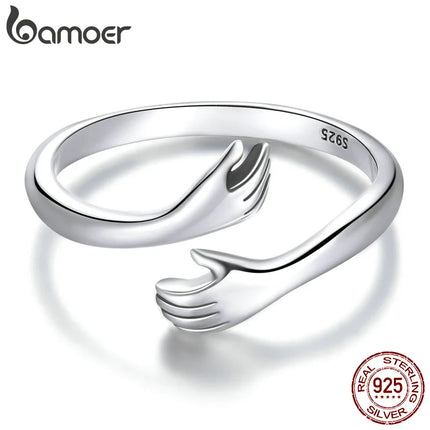 BAMOER 925 Sterling Silver Hug Open Ring Warm Love Hand Adjustable Glossy Ring for Women, His Big Loving Family Party Gift
