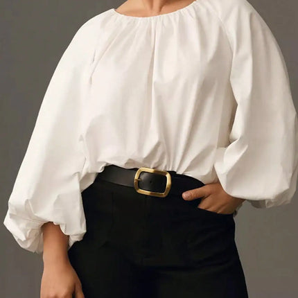 Women Plus Size Round Neck Elegant Solid Tops Lantern Long Sleeve Loose Fashion Blouse Shirt, Button Back