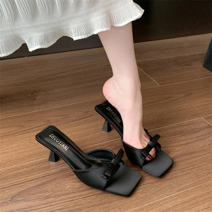 Designer Women Square Toe High Heel Slippers Fashion Butterfly-knot Dress Shoes Summer Stripper Mules Slides Zapatos De Mujer