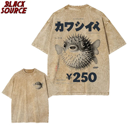 T155 Vintage Fugu Puffer Fish Ramen T-Shirts Men Women Clothing Summer 100% Cotton Tee Shirt Fashion Crewneck Short Sleeve