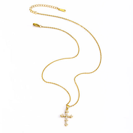 Female Full Zircon Big Cross Pendant Chains Necklaces For Women Gold Color Metal White Stone Clavicle Necklace Birthday Jewelry