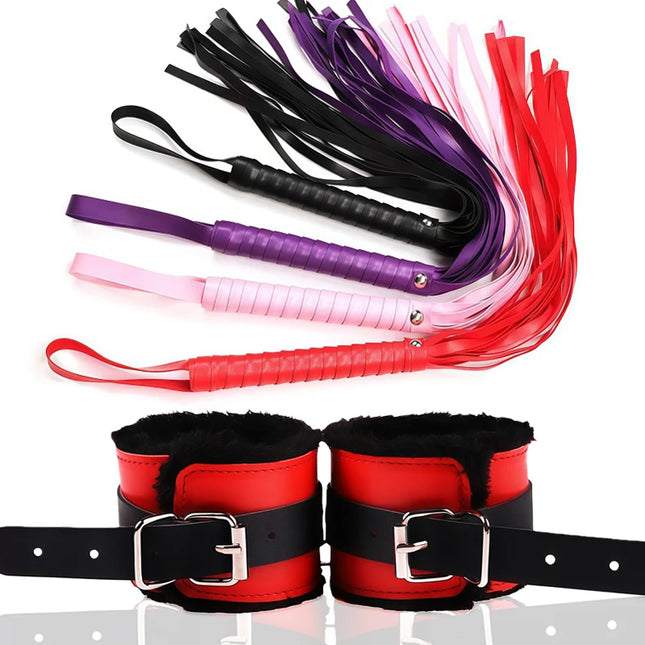 Adult Goods Set Sexy Leather Plush Handcuffs Blindfold Spanking Soft Whips Tying Cotton Rope Couple Games Bondage Equipment