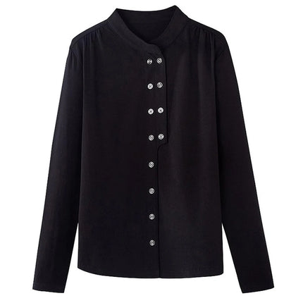 Stand up collar double breasted white long sleeved casual top for spring and autumn new style semi high collar basic top to wear