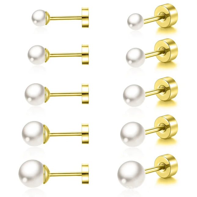 2pcs Simple Imitation Pearl Stud Earrings For Women Girls Stainless Steel Screw Back Pierced Studs Jewelry Gifts