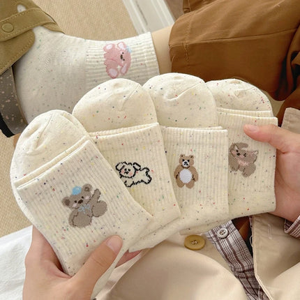 5 Pairs Women's Half Socks Bear Puppy Pattern Cotton Color Solid Dot Yarn Design Skin-friendly Soft Cozy Casual Female Lady Sock