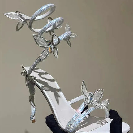 Luxury Crystal Embellished Butterfly Detail Women Sandals Sexy Coiled Strap High heels Gladiator Sandals Summer Party prom Shoes
