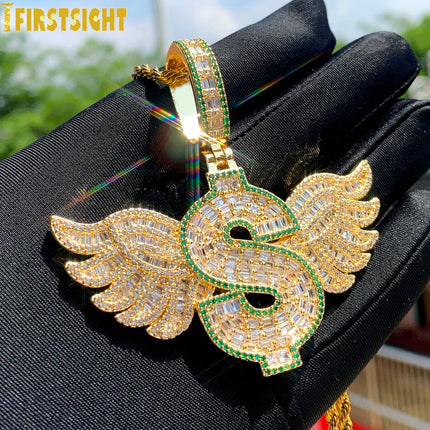 New Hip Hop Money Pendant Necklace Gold Color Iced Out Bling CZ Cubic Zirconia Letters Rich Dollar Charm Men Women Jewelry