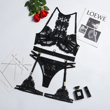 Underwire Sexy Bra Thong Exotic Apparel Sexy Suit Women Lace Underwear 5 Pieces Floral Embroidery Black Transparent Lingerie Set