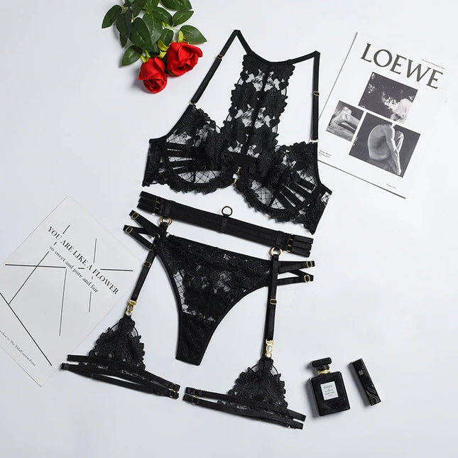 Underwire Sexy Bra Thong Exotic Apparel Sexy Suit Women Lace Underwear 5 Pieces Floral Embroidery Black Transparent Lingerie Set