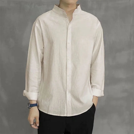 Spring Autumn Men's Shirt Long Sleeve Solid Color Cotton Linen Henley Neck Single Breathable Korean Style Fashion Male Top