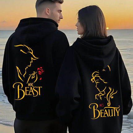 Romantic Theme Beauty and the Beast Couple Hoodies Men'S Women'S Separate Styles Pullover Casual Loose Fit Sweatshirt Hoodie Y2K