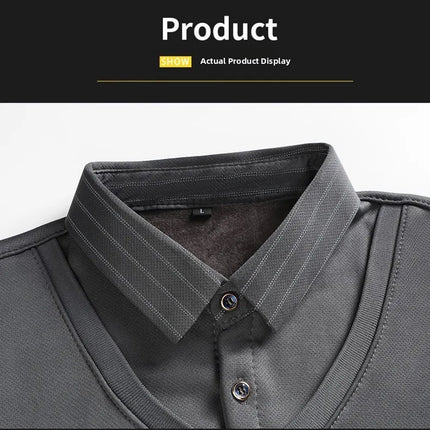 Men's Winter Thickened Fleece Lined Knitwear Polo Shirt Long Sleeve Loose Fit Solid Color Thermal Base Layer Two-Piece Look