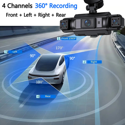 WIFI Car Dash Cam 4 Channel Black Box Driving Camera FHD 1080P Front Left Right Rear Night Vision Loop Recording Hardwire kit