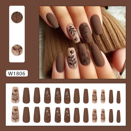 Dark Brown Flowers 24 Pcs Press-on Nails Pink Nail Polish Glossy Artificial Finger Manicure Reusable False Nails