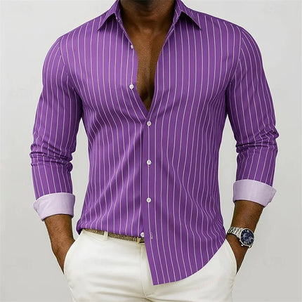 New men's striped shirt, outdoor street style, business casual, lapel collar, long sleeves, versatile and fashionable men's top.