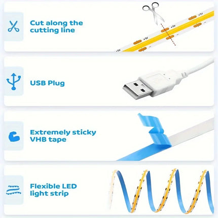 1-5M USB Power COB LED Strip Light Touch Switch Dimmable For Indoor Lighting Living Room Bedroom Wardrobe TV Background Kitchen
