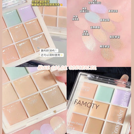 FAMOTY 9 Colors Concealer Palette Full Coverage Cover Blemish Acne Dark Circles Tear Trough Brighten Skin Tone Long Lasting Make