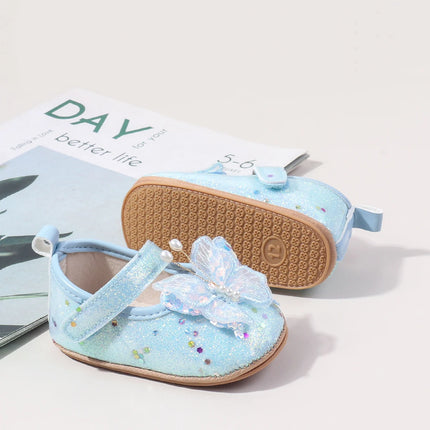 Shiny 3D Butterfly Princess Dress Shoes for Baby Girl Glitters Flats Non-Slip Crib Shoes Walking Shoes for Toddlers Infants