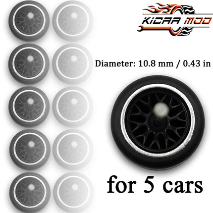 1/64 Wheels with Fixed Rubber Tires Branches Spoke for Toy Model Diecast Cars Refiting Parts for Hotwheels (5 sets for 5 Cars)
