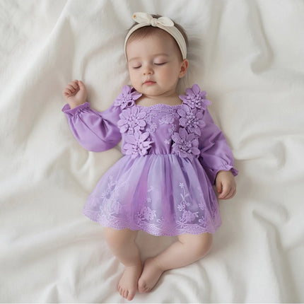 0-24M Infant Baby Girls Princess Romper Dress Cute Autumn 3D Lace Flowers Mesh Patchwork Long Sleeve A-Line Dress for Toddler