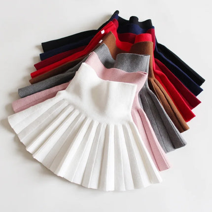 1pc Girls' Knit Skirt, Baby Autumn Winter Princess Pleated Skirts, Children's Student High Waist Mini Tutu Skirts, Kids Solid Dress