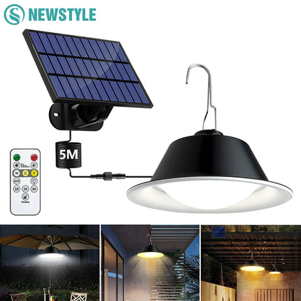 Solar Pendant Light Outdoor with Remote Control 3-Color Dimmable Timer Waterproof Solar Shed Light for Gazebo Patio Garden Garag