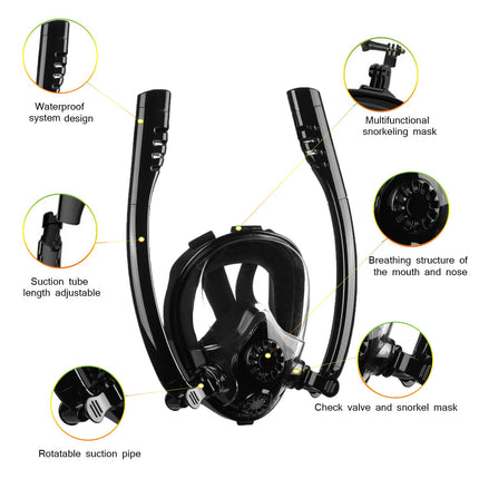 DEDEPU Full Face Snorkel Mask Double Breathing Tube 180° Wide-Eye Panoramic Vision Advanced Anti-Fog Swim Leak-Proof Adventures