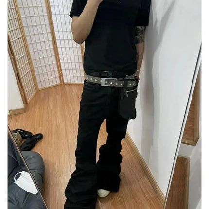 High Street RO Style Denim Pants Men's 24SS Basic Elastic Black Ribbon Loose Flared Streetwear Casual Jeans Pants Men Clothing