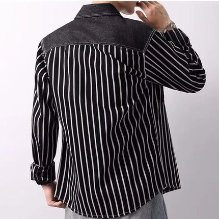 2024 New Spring and Autumn Youth Collection Commuting and Leisure Versatile Contrast Stripe Pocket Long Sleeved Men's Shirt Top