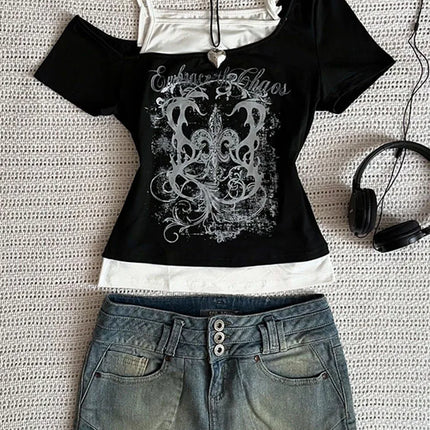 Women's 90s Vintage Punk T-Shirt Summer Streetwear Sexy Short Sleeve Gothic Slim Crop Top Hotgirl Casual Women's Tee Harajuku Y2k