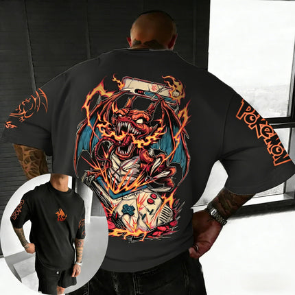 Pokemon  Game Charizard Co Branded Cotton T-shirt Summer New Men's and Women's Loose Casual Hip-hop Trend Short Sleeved Top